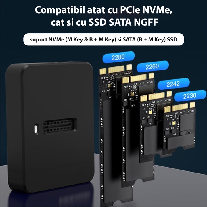 Adaptor M.2 Nvme/Sata SSD Pocket Usb/Usb-C 3.2 Drive, Chucai, Suport pentru dimensiuni de unitati 2230 2242 2260 2280, Plug and play, Negru