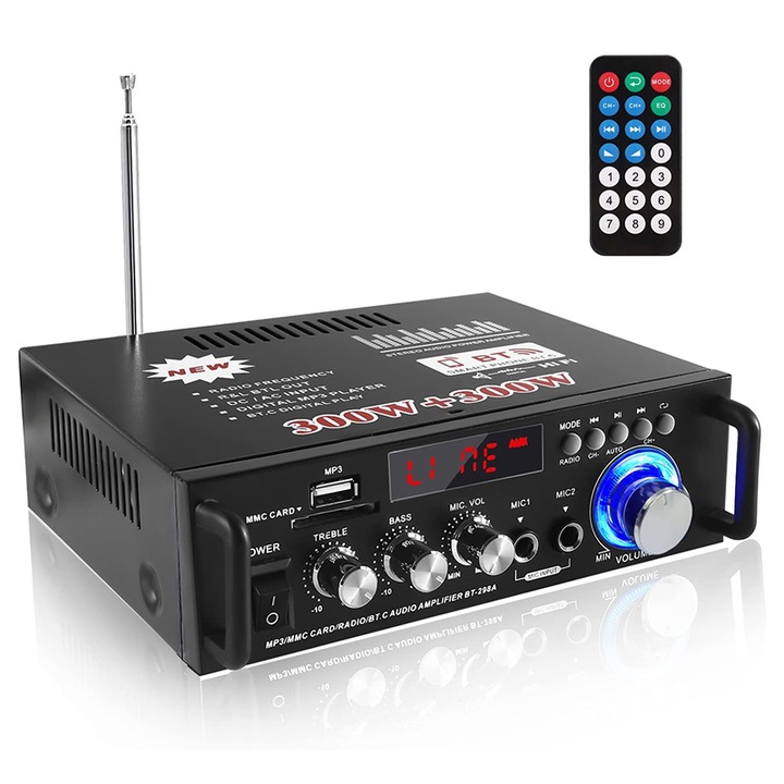 Аудио усилвател с дистанционно управление, Chucai, HIFI, Bluetooth 5.0, 2 x 40w RMS, MP3, FM радио, USB, SD слот, Караоке, Черен