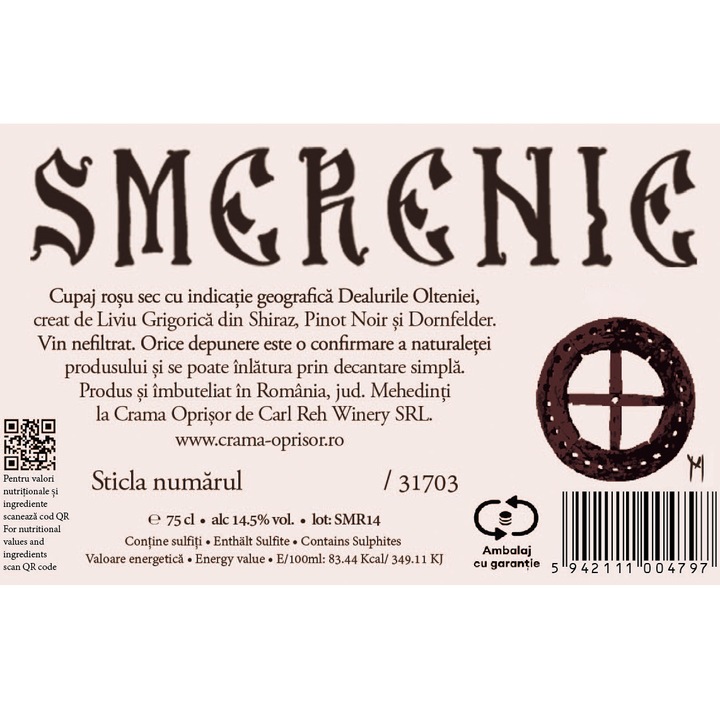Vin Rosu Crama Oprisor Smerenie, Sec, 0.75l