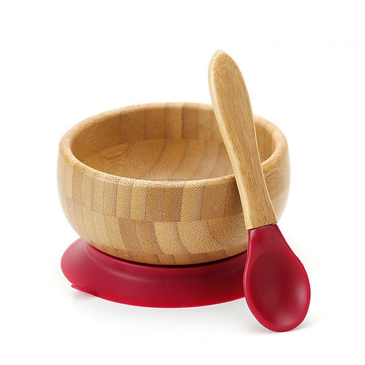 Castronel din bambus cu ventuza antiderapanta si lingurita pentru hranire si diversificare bebelusi, 300ml, Dodoli, Visiniu