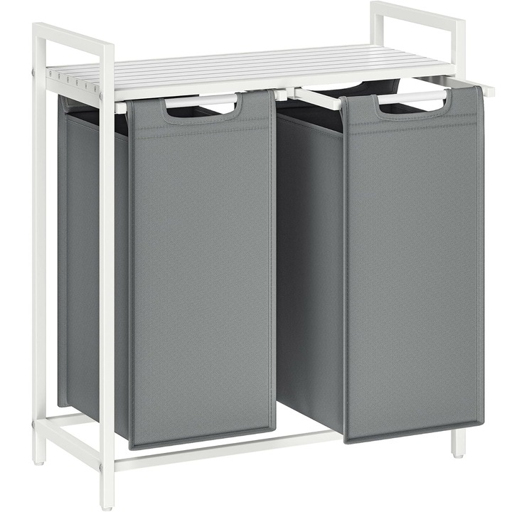 Cos de rufe VASAGLE, 2 compartimente, saci de rufe detasabili, raft, cadru metalic, 2x46L, 73x33x72 cm, alb si gri deschis