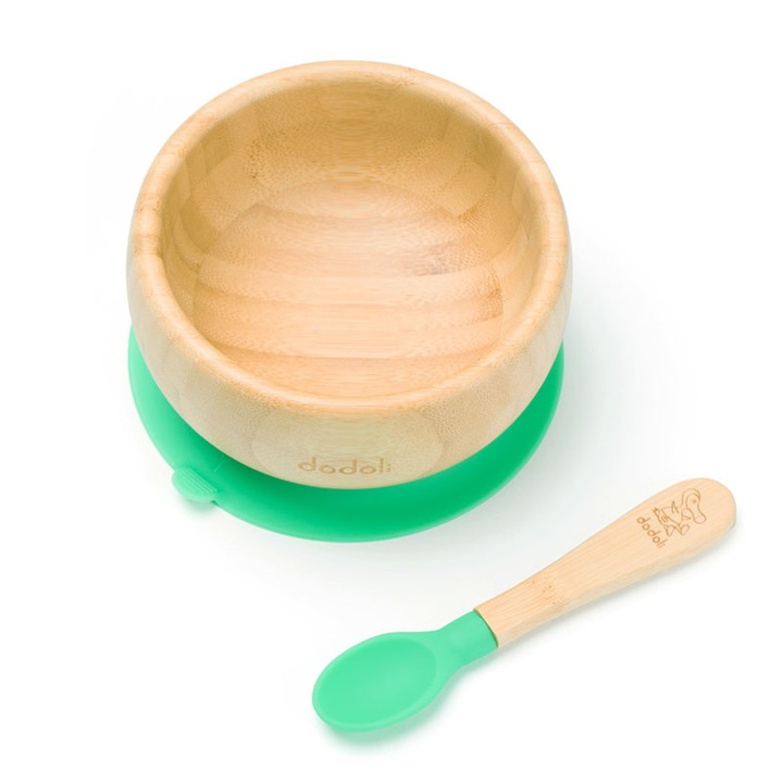 Castronel din bambus cu ventuza antiderapanta si lingurita pentru hranire si diversificare bebelusi, 300ml, Dodoli, Verde
