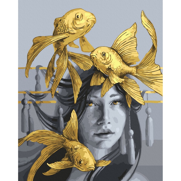 Комплект за рисуване по номера, с рамка, Goldfish - златиста боя, 40x50 см