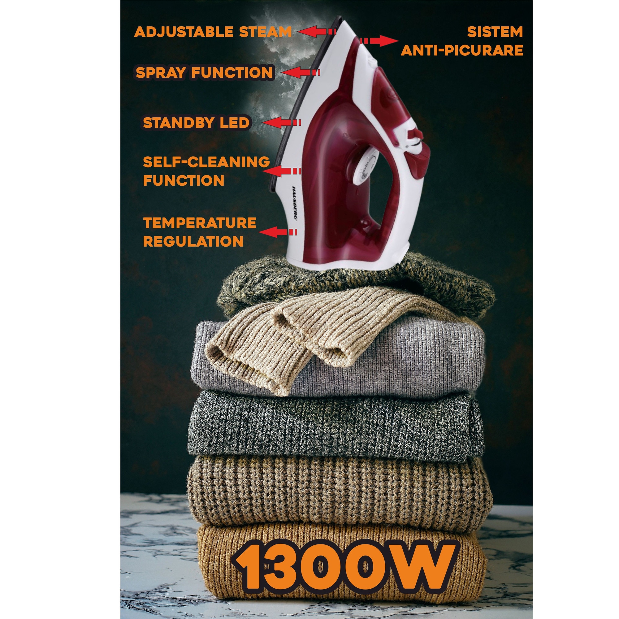Fier de calcat Hausberg HB-7850RS, 1300W, talpa invelis ceramic, abur vertical, calcare uscata, autocuratare, pulverizare, rezervor 130ml, Rosu