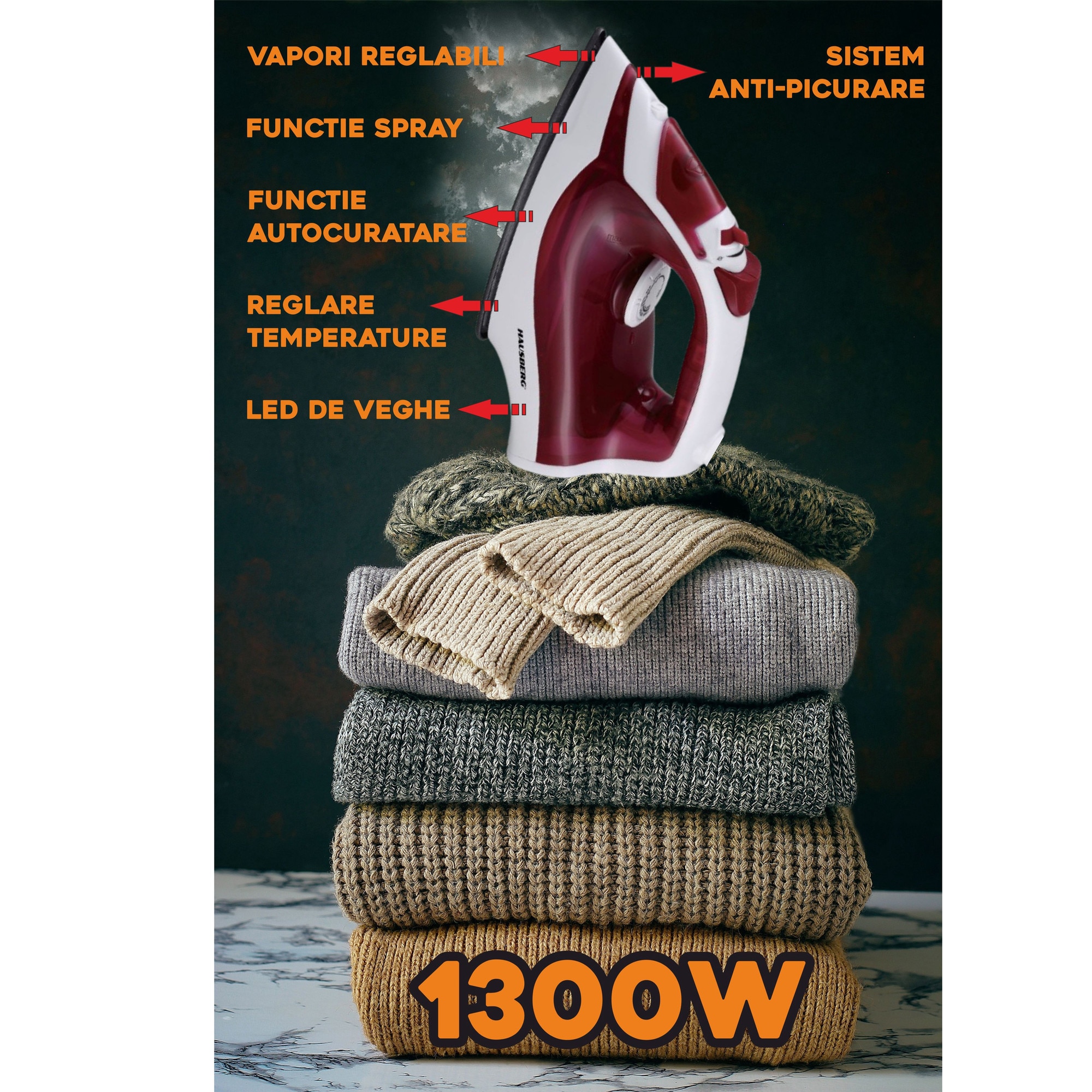 Fier de calcat Hausberg HB-7850RS, 1300W, talpa invelis ceramic, abur vertical, calcare uscata, autocuratare, pulverizare, rezervor 130ml, Rosu