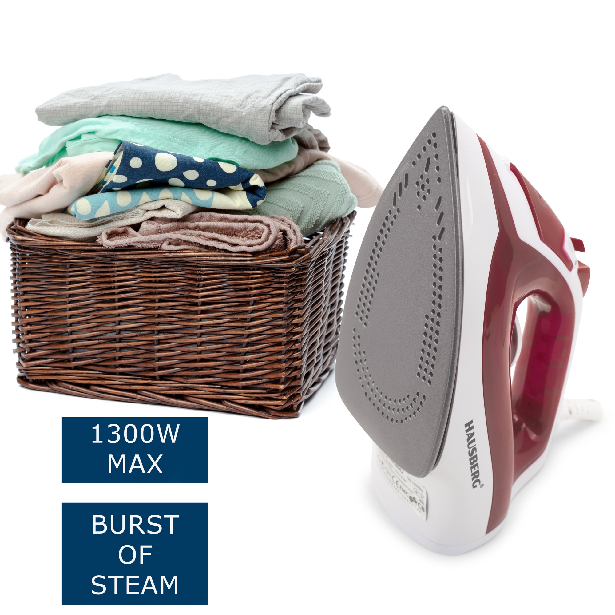 Fier de calcat Hausberg HB-7850RS, 1300W, talpa invelis ceramic, abur vertical, calcare uscata, autocuratare, pulverizare, rezervor 130ml, Rosu