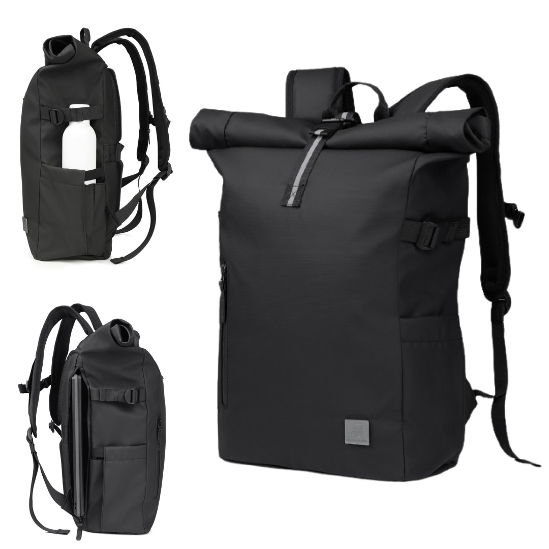 Rucsac tip rolltop, James Hawk, Business touring, Negru, 16 inci, Capacitate 20-28 litri, Waterproof, Set cu geanta pentru accesorii origins smart pack
