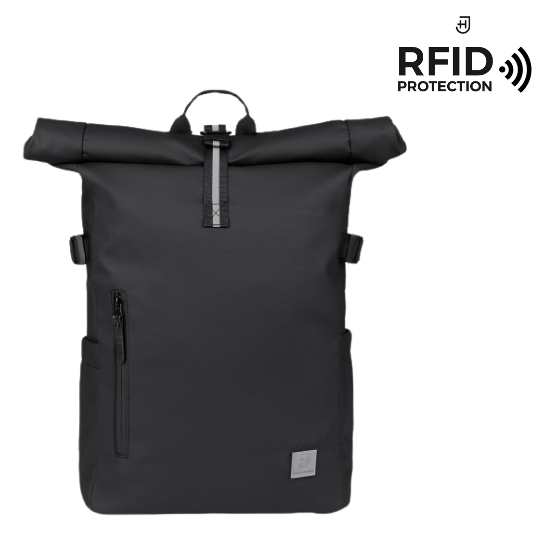 Rucsac tip rolltop, James Hawk, Business touring, Negru, 16 inci, Capacitate 20-28 litri, Waterproof, Set cu geanta pentru accesorii origins smart pack