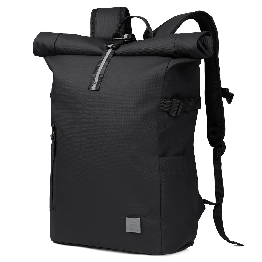 Rucsac tip rolltop, James Hawk, Business touring, Negru, 16 inci, Capacitate 20-28 litri, Waterproof, Set cu geanta pentru accesorii origins smart pack