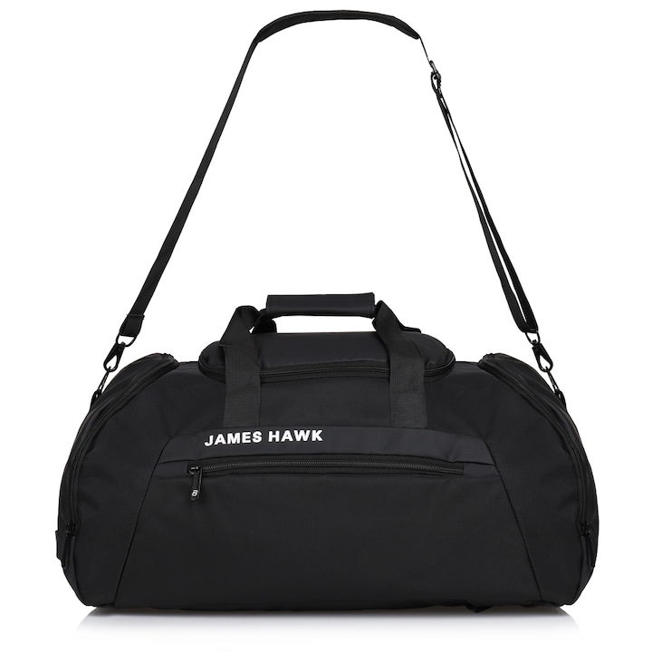 Спортна фитнес чанта/раница 2в1, JamesHawk, регулируема презрамка 110 см, 55x30x29 см, водоустойчива, джоб за обувки, черна