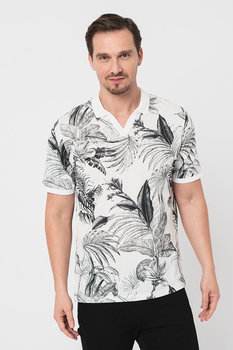 Jack & Jones, Тениска с яка и тропически принт, Бял/Черен