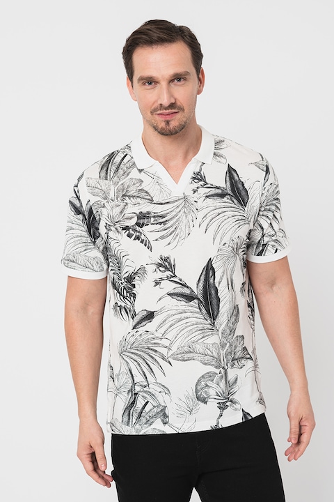 Jack & Jones, Тениска с яка и тропически принт, Бял/Черен