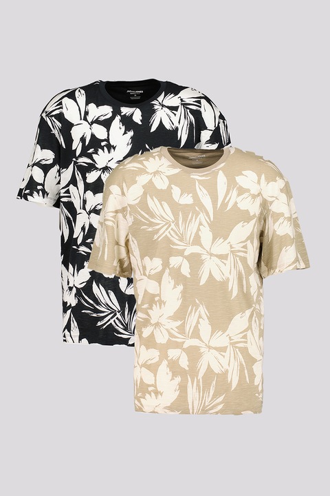 Jack & Jones, Тениска с тропическа шарка - 2 броя, Бял/Бежов/Черен
