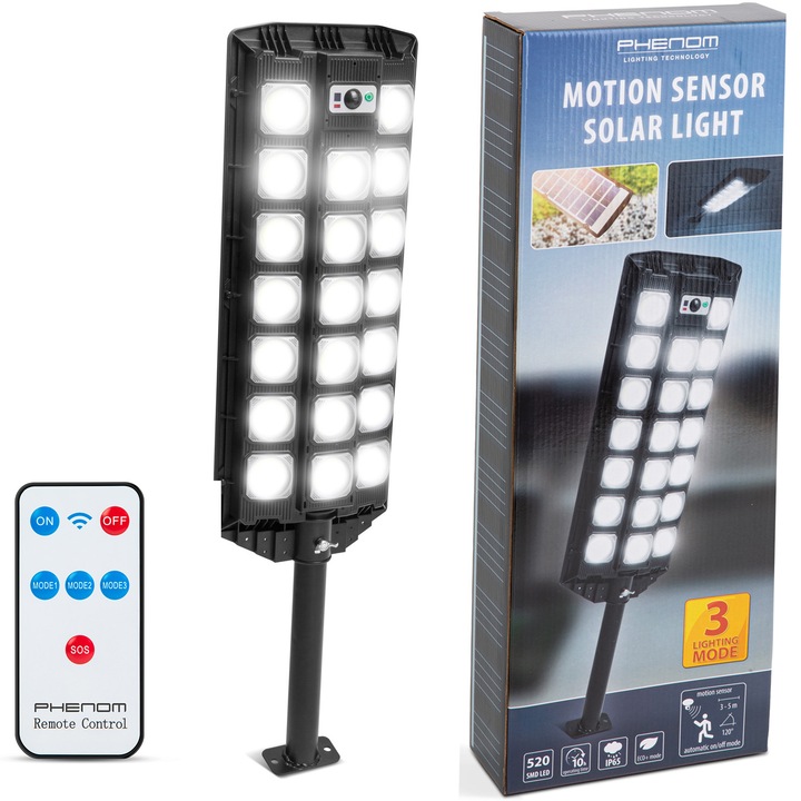 Lampa solara LED de perete Phenom 55291B, tip stradal, cu telecomanda, senzor PIR, 20W, 3000 lm, 520 SMD LED, acumulator Li-ion, 4500 mAh, lumina alba rece, IP65