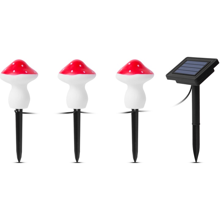 Lampa solara LED Garden of Eden 11756, 3 ciuperci, lumina alba calda, acumulator 1.2 V Ni-MH 1 x AA 300 mAh, IP44, Alb/Rosu