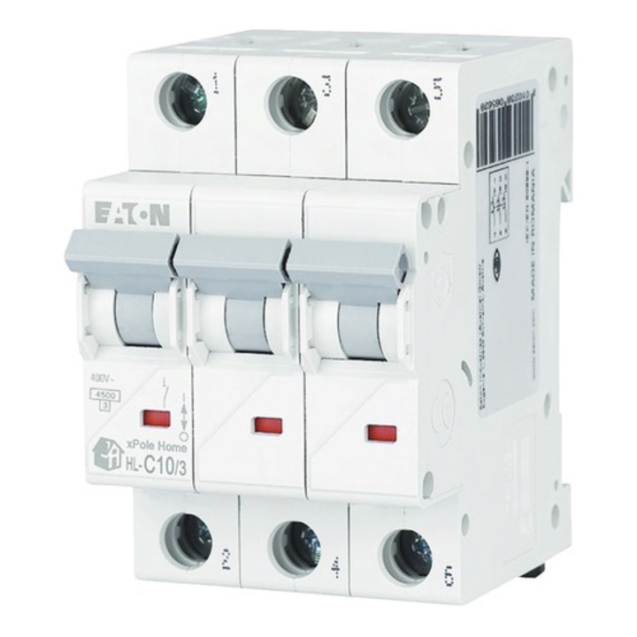 Siguranta electrica automata EATON 194789, HL-C10/3, latime 3 module, 4,5kA, 3P, caracteristica C, 10A