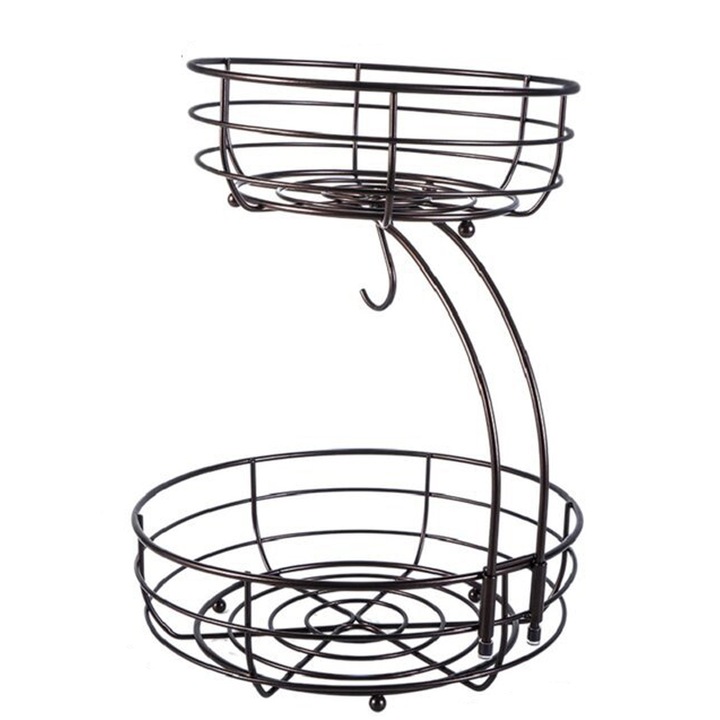 Cos pentru fructe, detasabil, Metal, 2 Nivele, Puteti atarna banane, D 28 /22 cm, H 38.5 cm, Negru