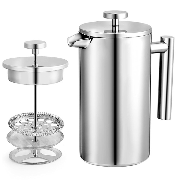 Cafetiera manuala, presa franceza, Otel inoxidabil, 1000ml, Argintiu