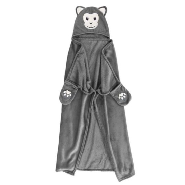 Детско пончо с качулка, Douceur dinterieur, Модел маймуна, Полиестер, 100x120 см, Сиво