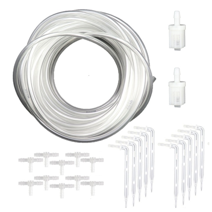 MOGODA öntöző-tartozék készlet, cserepes öntözőhöz, 10 m-es tömlő, 10 T-típusú dugó, 10 öntözőrúd, 2 szűrő