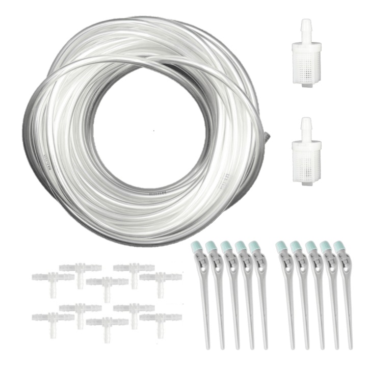 Kit accesorii irgator MOGODA, pentru irigatoarele de ghiveci, 10 m furtun, 10 mufe tip T, 10 tije irigare reglabile, 2 filtre