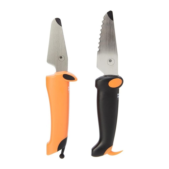 Set 2 cutite pentru copii Kuhn Rikon, Kinderkitchen, lama 5.8 cm, protectie pentru degete, varf rotunjit, lama neteda/zimtata, maner ergonomic, design jucaus, lavabil in masina de spalat vase, negru/portocaliu