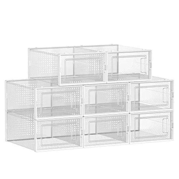 Set 8 cutii pentru depozitare incaltaminte, polipropilena, alb / transparent, Songmics, 33.3 x 23 x 14 cm, LSP08SWT