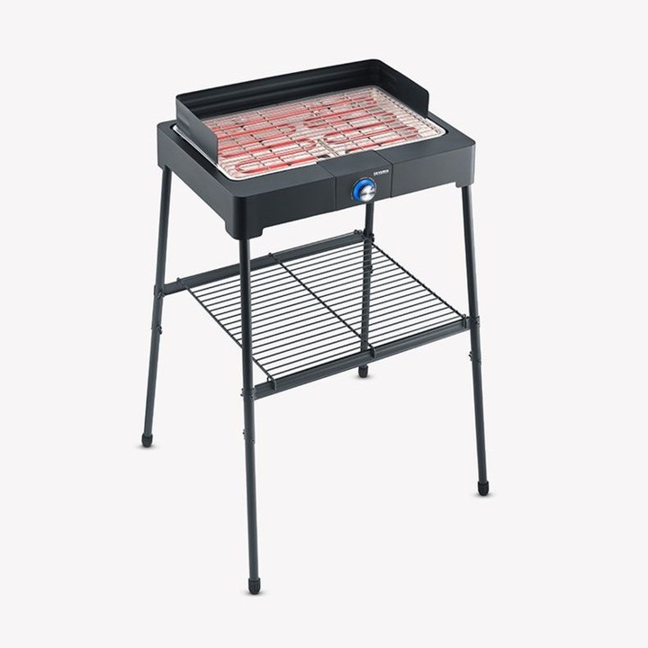 Gratar electric Severin, cu picioare, potrivit pentru interior/exterior, grilaj otel inoxidabil, 2200 W, temperatura reglabila, raft depozitare, incalzire rapida, curatare facila, usor de montat, picioare antiderapante, negru