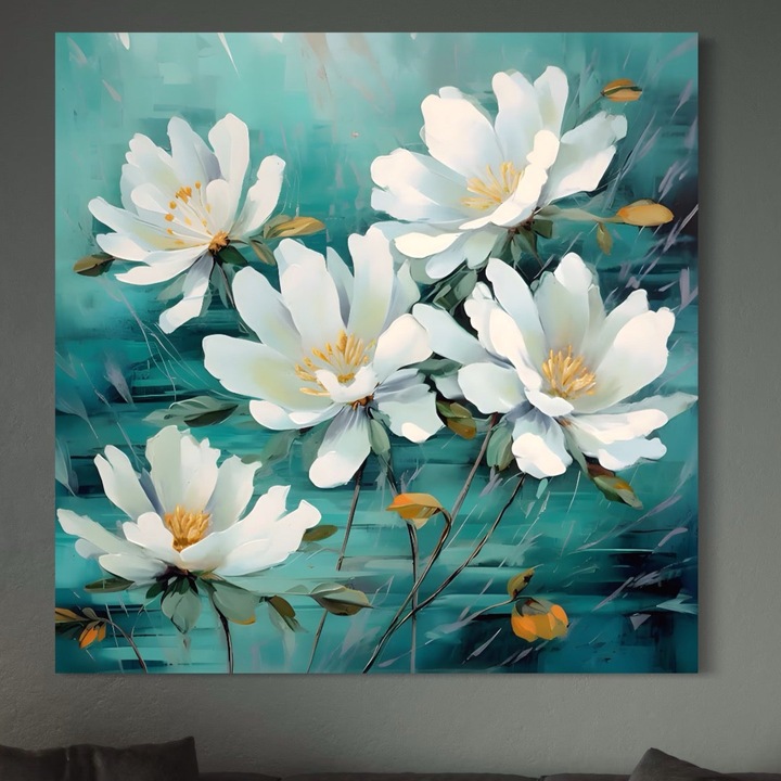 Картина върху платно, LuxCanva® A1420, Танц на цветята, 100 X 100 см, 100% памучно платно 400 г/м2, дървена рамка, хол, бели цветя, листа, природа, спалня, декоративно, ярки цветове