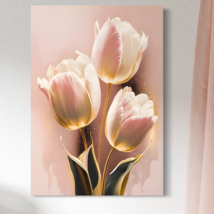 Tablou Canvas Premium, LuxCanva® A1426, Lalele Roz, 70 X 100 CM, Panza Bumbac 100% 400g/m2, Sasiu Lemn, Dormitor, Flori, Natura, Primavara, Decorativ, Living, Culori Vibrante