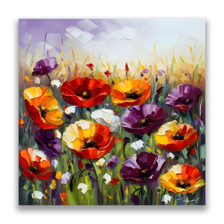 Първокласна картина на платно, LuxCanva A1427, Поле с цветя, 50 X 50 CM, 100% памучно платно 400g/m2, Дървена рамка, Спалня, Макове, Цветна, Изкуство, Декоративна, Всекидневна, Живи цветове