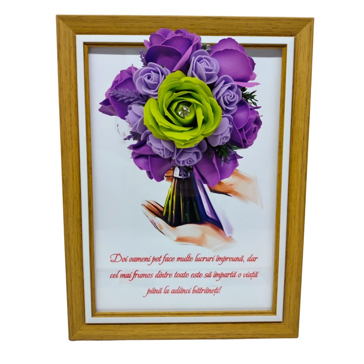 Tablou in rama A4 (30x21 cm) - Doi oameni pot face multe lucruri impreuna, dar cel mai frumos dintre toate...-v7 decorat cu flori de sapun mov-verde