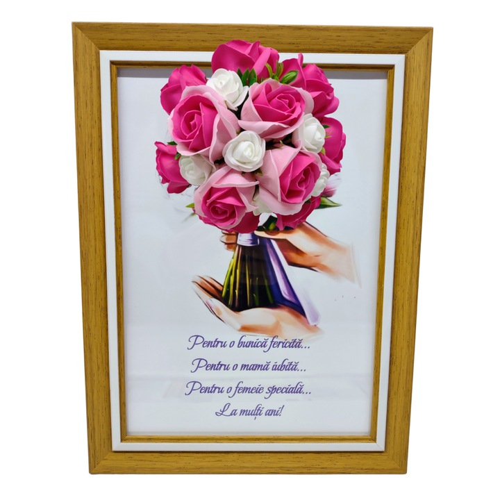 Tablou in rama A4 (30x21 cm) - Pentru o bunica fericita, pentru o mama iubita, pentru o femeie speciala, la multi ani!-v7 decorat cu flori de sapun roz inchis-roz