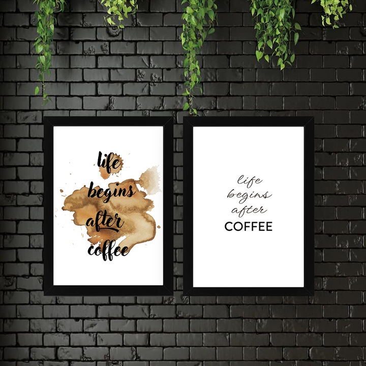 Set 2 Tablouri Cafea cu text pentru cafenea, casa - Negru, 30x20cm, print pe hartie fotografica cu rama