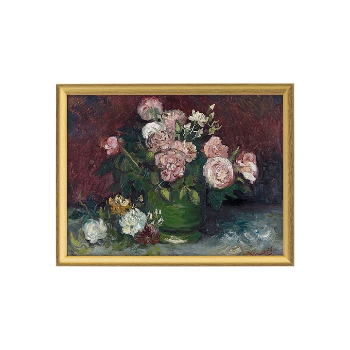 Tablou Cu Rama Aurie, Pictura Vincent Van Gogh, Bowl with Peonies and Roses Anul 1886, Natura Moarta, Realism, Vas cu Bujori si Trandafiri, 30 x 40 cm
