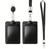 Set 2 suporturi card de identitate, Axroad Mall, Cu rola (snur) retractabila, Durabil, Portabil, Usor de atasat si detasat, Pentru ecuson, legitimatie, card acces, PU/Aliaj de zinc, 7.4x11cm, Negru