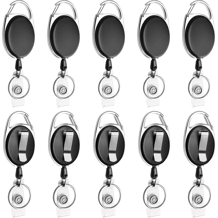 Комплект от 10 прибиращи се ролки с щипки, Axroad Mall, С пръстен и щипка за колан, Издръжлив, Преносим, Лесен за закрепване и отделяне, За лични карти, ключове, значки, ABS/Метал, 3,4x11 см, Черен