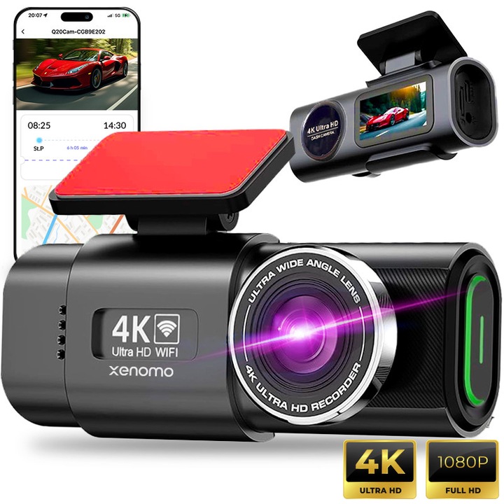 Camera Auto DVR Xenomo® ROAD-X, Camera de bord ultracompacta, FULL HD 4K, 2160P, Inregistrare in bucla, Vedere nocturna, G-Sensor, Instructiuni vocale, Unghi filmare 170°, Camera video marsarier inclusa in pachet