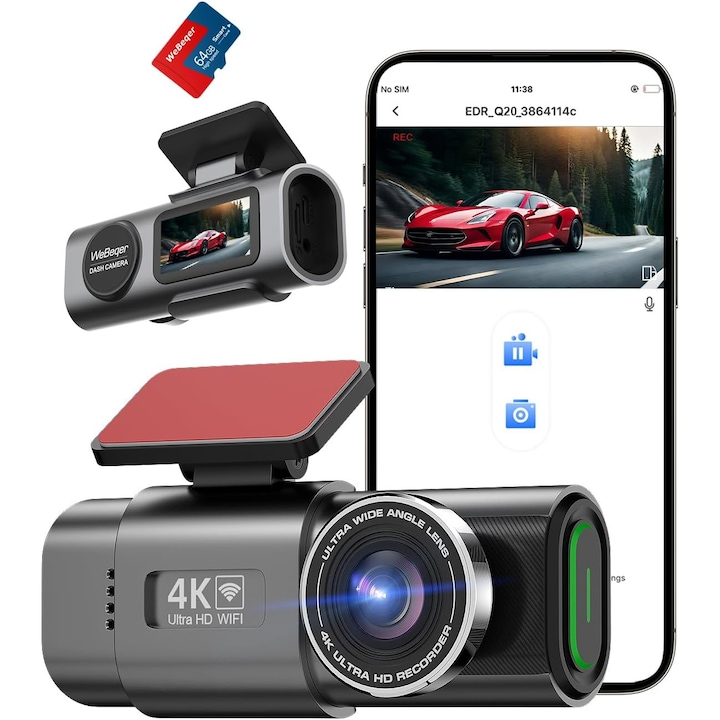 Camera Auto DVR Xenomo® ROAD-X, Camera de bord ultracompacta, FULL HD 4K, 2160P, Inregistrare in bucla, Vedere nocturna, G-Sensor, Instructiuni vocale, Mod parcare, Unghi filmare 170°
