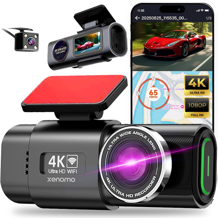 Camera Auto DVR Xenomo® ROAD-X, Camera de bord ultracompacta, FULL HD 4K, 2160P, Inregistrare in bucla, Vedere nocturna, G-Sensor, Instructiuni vocale, Unghi filmare 170°, Camera video marsarier inclusa in pachet