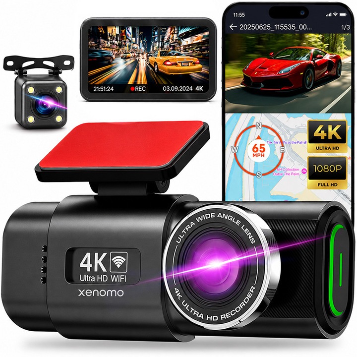 Camera Auto DVR Xenomo® ROAD-X, Camera de bord ultracompacta, FULL HD 4K, 2160P, Inregistrare in bucla, Vedere nocturna, G-Sensor, Instructiuni vocale, Unghi filmare 170°, Camera video marsarier inclusa in pachet