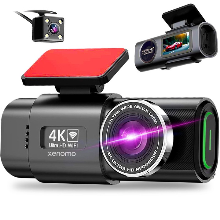 Camera Auto DVR Xenomo® ROAD-X, Camera de bord ultracompacta, FULL HD 4K, 2160P, Inregistrare in bucla, Vedere nocturna, G-Sensor, Instructiuni vocale, Unghi filmare 170°, Camera video marsarier inclusa in pachet