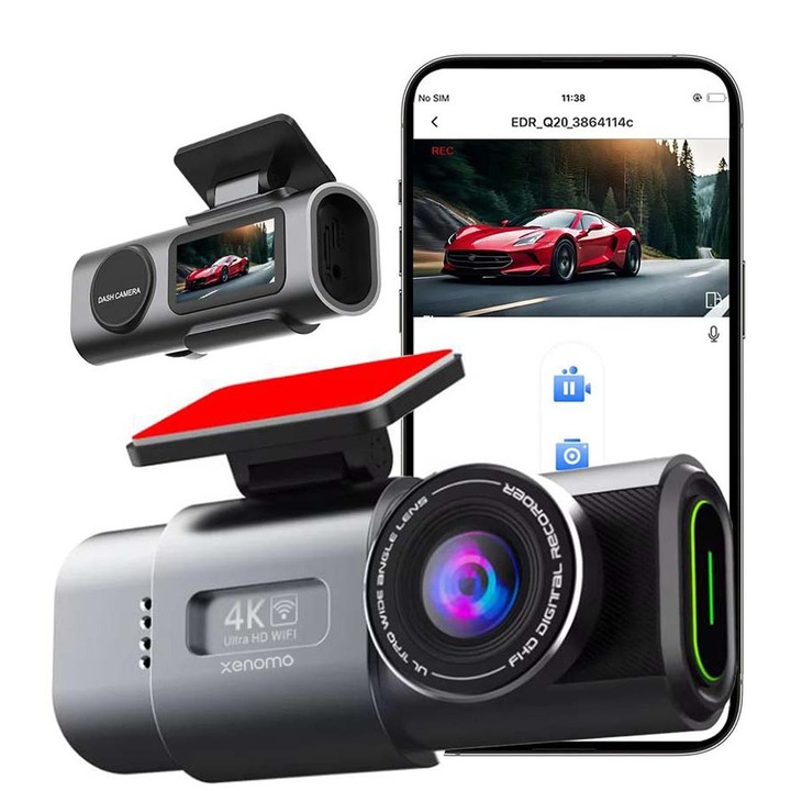 Camera Auto DVR Xenomo® ROAD-X, Camera de bord ultracompacta, FULL HD 4K, 2160P, Inregistrare in bucla, Vedere nocturna, G-Sensor, Instructiuni vocale, Unghi filmare 170°, Camera video marsarier inclusa in pachet