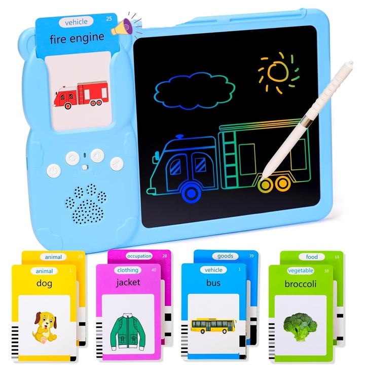 Jucarie Educationala Tabla de Scris Muzicala, de Invatare pentru Copii de 2 pana la 8 Ani, Asociaza 224 Cuvinte cu Imagini, Albastru, Montessori