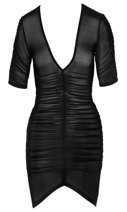 Rochie mini sexy, negru translucid, cu volane, decolteu in V, poliamid/spandex, Negru, L
