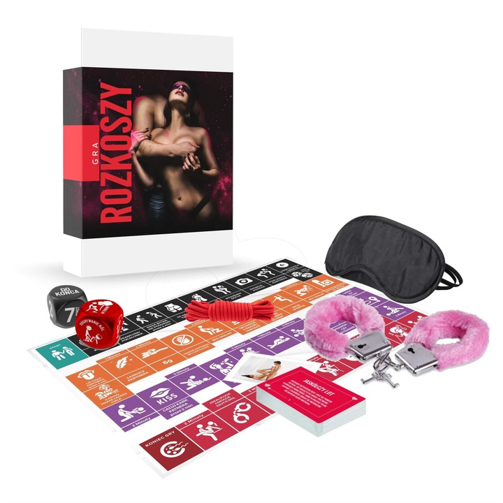 Комплект еротични игри, Gra Gra Rozkoszy, белезници с козина, игра на карти, завързани очи, робско въже, любовни зарове, многоцветни