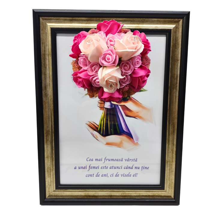 Tablou in rama A4 (30x21 cm) - Cea mai frumoasa varsta a unei femei este atunci cand nu tine cont de ani - v8 decorat cu flori de sapun roz - roz deschis