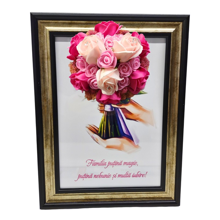 Tablou in rama A4 (30x21 cm) - Familia putina magie, putina nebunie si multa iubire - v8 decorat cu flori de sapun roz - roz pal