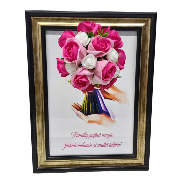 Tablou in rama A4 (30x21 cm) - Familia putina magie, putina nebunie si multa iubire - v8 decorat cu flori de sapun roz - roz inchis