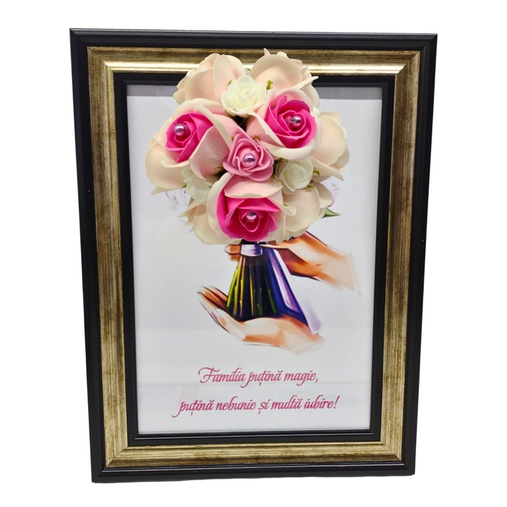Tablou in rama A4 (30x21 cm) - Familia putina magie, putina nebunie si multa iubire - v8 decorat cu flori de sapun roz deschis